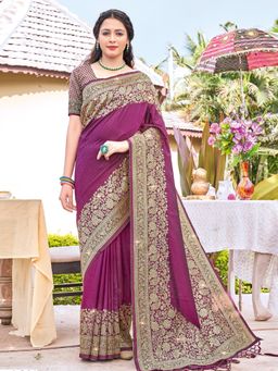 Sangam Prints - Wine Silk Woven Zari Work Traditional Tassel Saree with Unstitched Blouse