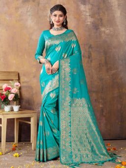 Sangam Prints - Turquoise Silk Traditional Tassel Saree with Unstitched Blouse