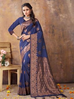 Sangam Prints - Navy Blue Silk Traditional Tassel Saree with Unstitched Blouse