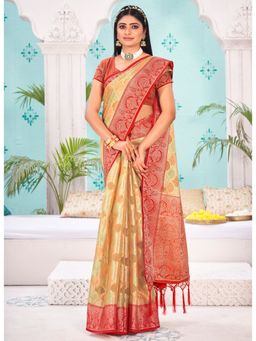 Sangam Prints - Cream Organza Woven Zari Work Traditional Tassel Saree with Unstitched Blouse