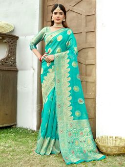 Sangam Prints - Turquoise Silk Woven Zari Work Traditional Tassel Saree with Unstitched Blouse