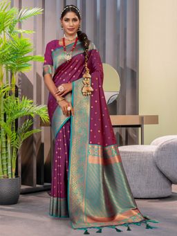 Sangam Prints - Wine Silk Woven Zari Work Traditional Tassel Saree with Unstitched Blouse