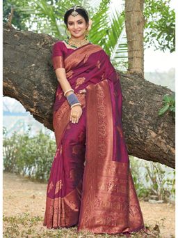 Sangam Prints - Wine Silk Woven Zari Work Traditional Tassel Saree with Unstitched Blouse