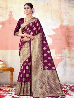 Sangam Prints - Wine Silk Woven Work Traditional Tassel Saree with Unstitched Blouse