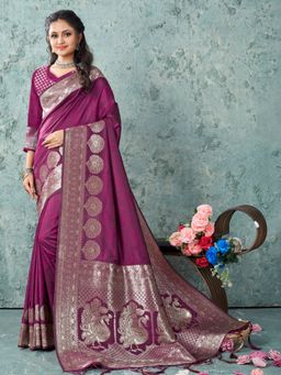 Sangam Prints - Wine Silk Traditional Tassel Saree with Unstitched Blouse