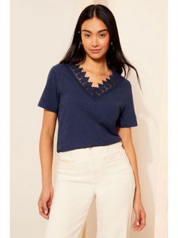 Friends Like These - Lace Trim Slub Linen Look V Neck Tee (10)