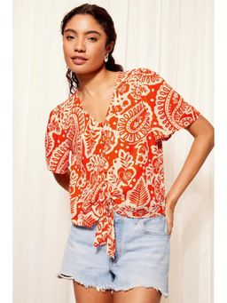 Friends Like These - Red V Neck Tie Front Short Crinkle Woven Sleeve Top (8)