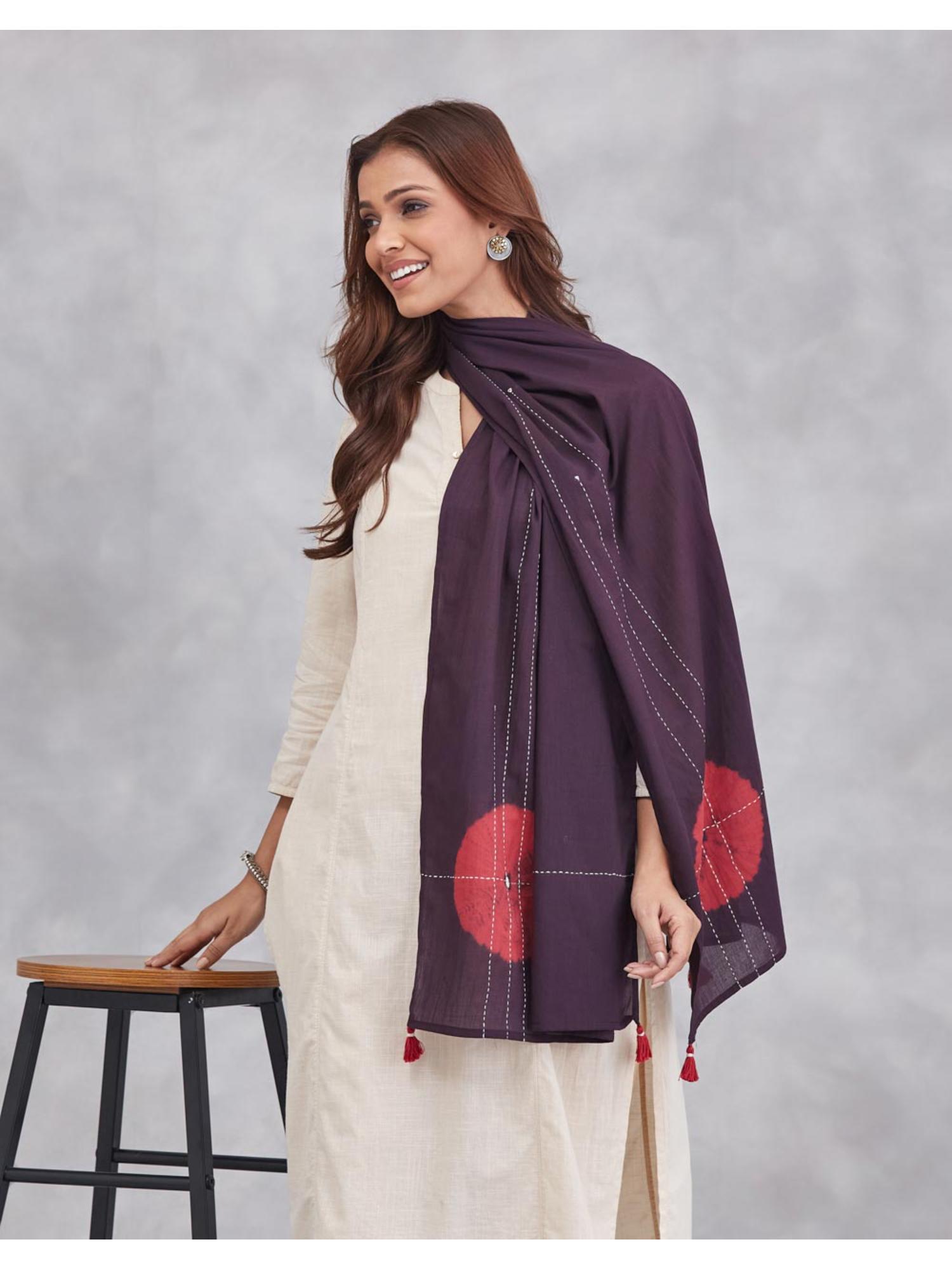 Purple Cotton Hand Embroidered Stole-image-8