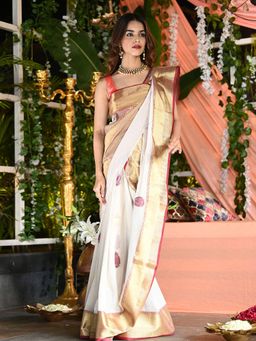 Beatitude - Golden Soft Silk Stripes Digital Print Saree with Unstitched Blouse