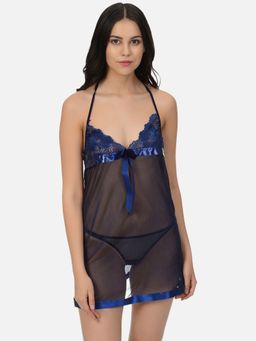 Mod & Shy - Navy Blue Sexy Mesh Net Nightwear Baby doll Dress With G-String