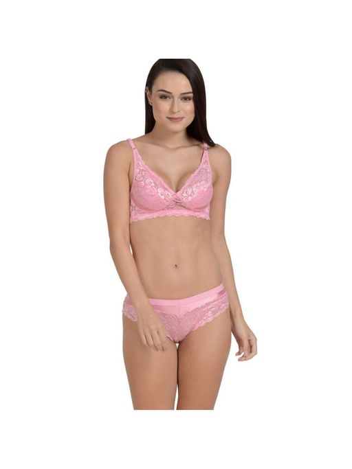 Mod & Shy Self-Design Soft Lace Lingerie Set - Pink
