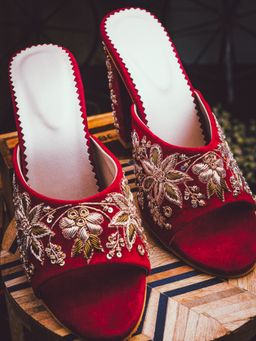 NR by Nidhi Rathi - Maroon Hand Embroidered Block Heels