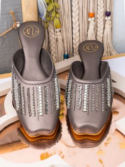 NR by Nidhi Rathi - Grey Embellished Leather Ethnic Block Mules Heels