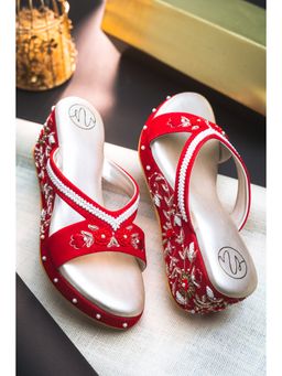 NR by Nidhi Rathi - Red Embellished Round Toe Wedges Heels