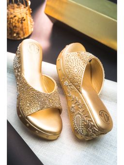 NR by Nidhi Rathi - Gold Embellished Round Toe Wedges Heels