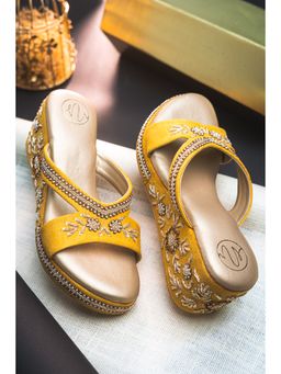 NR by Nidhi Rathi - Mustard Embellished Round Toe Wedges Heels