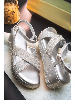 NR by Nidhi Rathi - Silver Embellished Round Toe Backstrap Wedges Heels