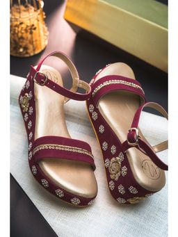 NR by Nidhi Rathi - Maroon Embellished Round Toe Backstrap Wedges Heels