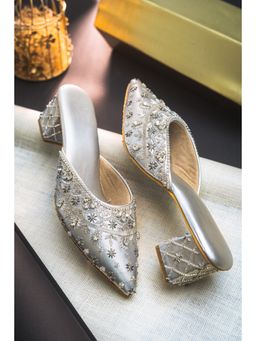 NR by Nidhi Rathi - Silver-Toned Embellished Leather Ethnic Mules Heels