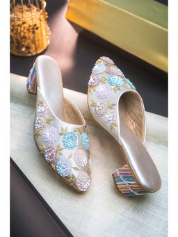 NR by Nidhi Rathi - Cream Embellished Leather Ethnic Mules Heels