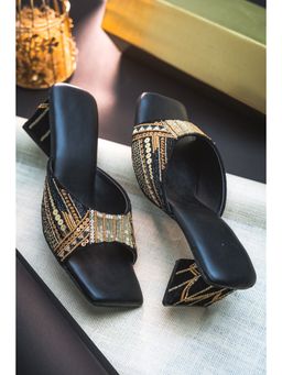 NR by Nidhi Rathi - Victoria Black Embellished Leather Ethnic Sandal Heels
