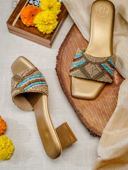 NR by Nidhi Rathi - Gold Embellished Casual Block Sandal Heels