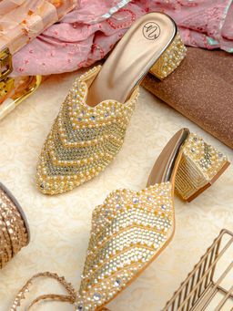 NR by Nidhi Rathi - Pearl Gold Embellised Block Mules Heels