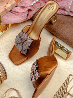 NR by Nidhi Rathi - Bronze Flower Embellished Block Heels