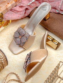 NR by Nidhi Rathi - Beige Flower Embellised Block Heels