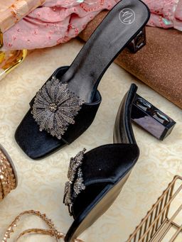 NR by Nidhi Rathi - Black Flower Embellised Block Heels