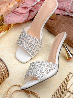 NR by Nidhi Rathi - White Stone Embellisment With Cut Work Spool Heels