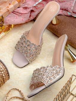 NR by Nidhi Rathi - Beige Stone Embellishment With Cut Work Spool Heels