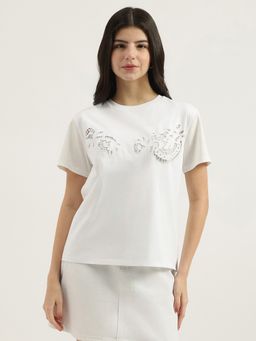 United Colors of Benetton - White Self Design Schiffli Cut Out T-Shirt
