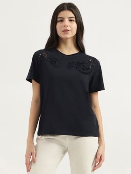 United Colors of Benetton - Black Self Design Schiffli Cut Out T-Shirt