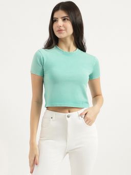 United Colors of Benetton - Blue Round Neck Solid Crop T-Shirt
