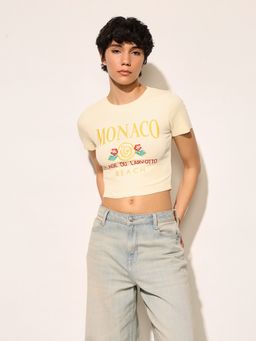 ONLY - Beige Ribbed Cropped T-Shirt