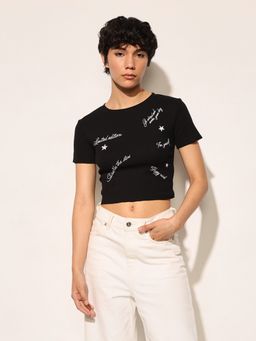 ONLY - Black Embroidered Ribbed Cropped T-Shirt