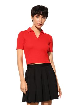 ONLY - Red Cropped Ribbed Polo T-Shirt