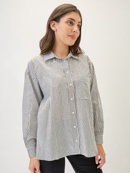 Globus - Women Black Cuffed Sleeve Vertical Stripes Chest Pocket High-Low Hem Oversized Workwear Shirt