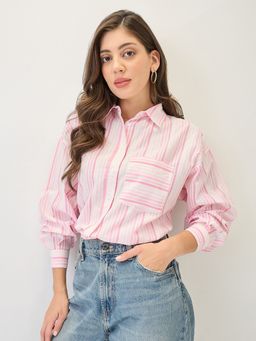 Globus - Women Pink Cuffed Sleeves Vertical Stripes Chest Pocket High-Low Hem Oversized Workwear Shirt