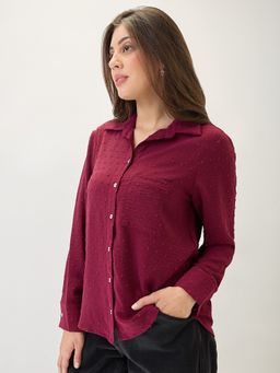 Globus - Women Maroon Self Design Shirt