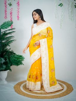 Odette - Mustard Organza Embroidered Saree with Unstitched Blouse