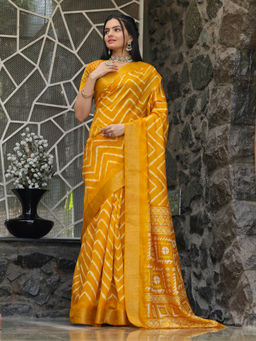 Tikhi Imli - Yellow Lehariya Cotton Blend Pre Drapped Saree & Tassels with Unstitched Blouse
