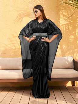 Tikhi Imli - Black Designer Sequinned Kaftan Pre Drapped Saree & Belt with Unstitched Blouse