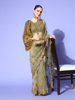Tikhi Imli - Green Embroidered Net Saree with Unstitched Blouse