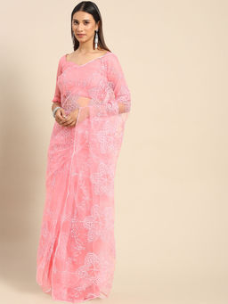 Odette - Pink Floral Embroidered Net Saree with Unstitched Blouse