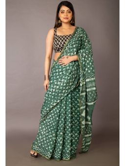 Unnati Silks - Ivory Green Pure Preet Dabu Mulmul Cotton Saree with Unstitched Blouse