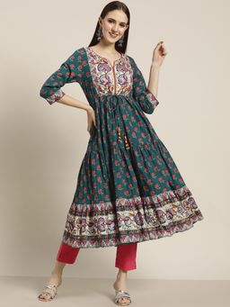 Rain & Rainbow - Women Teal & Beige Floral Printed Floral Anarkali Kurta