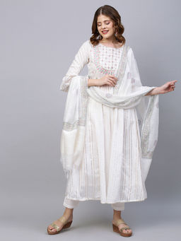 FASHOR - Ethnic Embroidered A- Line Flared Kurta With Pants And Dupatta - White (Set Of 3)