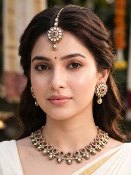 RUNORAA - Red Ruby Bloom Lineage Necklace with Earrings & Manng Tikka